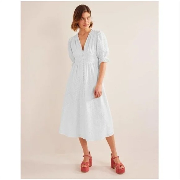 Boden Women's UK 18R US 14R White Eyelet Midi Dress Button Front Elegant - Picture 1 of 8